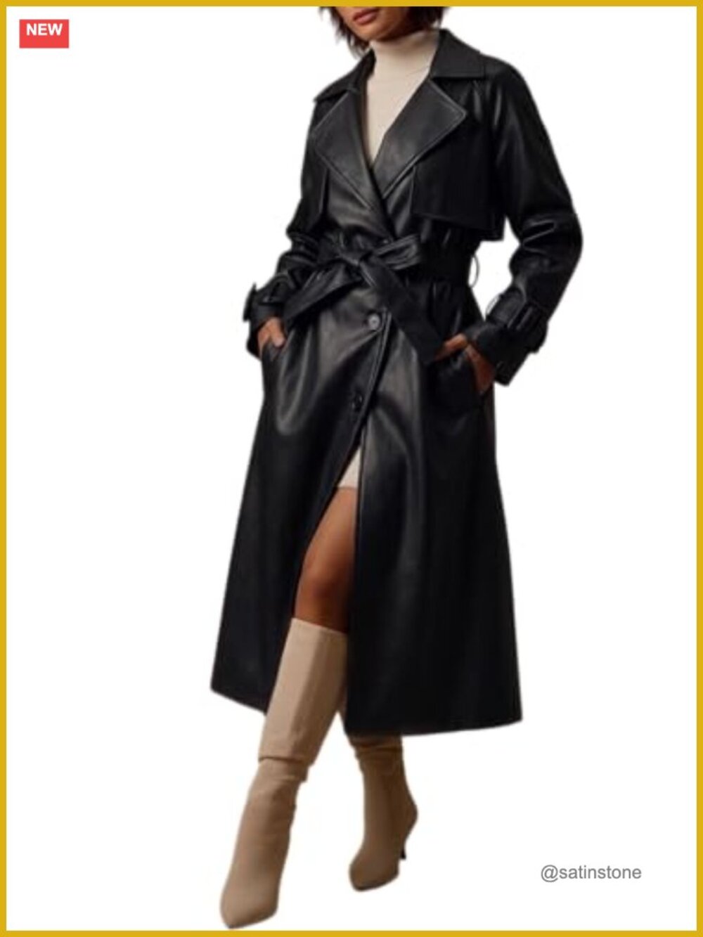Faux Leather Classic Lapel Belt Loose Trench Coat Long Single Breasted Jacket